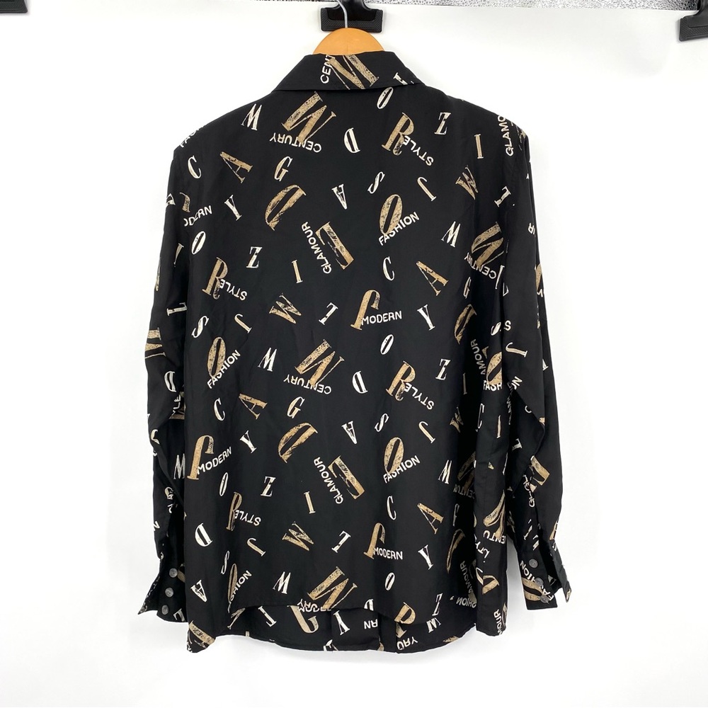 Vintage 100% Silk Button-Up Shirt‎ Sz 14 W Fashion Typography Style Glamour AOP - Picture 4 of 15